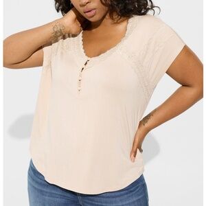 Torrid - Super Soft Jersey Dolman Henley Tan Short-Sleeve Lace Trip Top - 2X